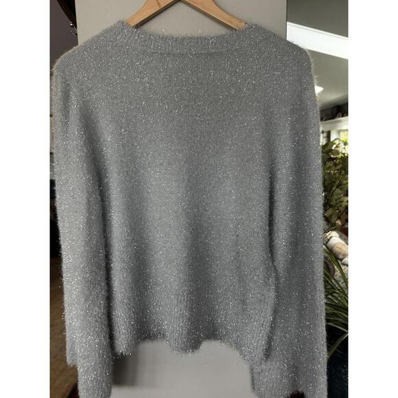 NWT DKNY Metallic Fuzzy Sweater Sz Med Silver Grey Bold Logo Sparkly Holiday - Picture 3 of 3